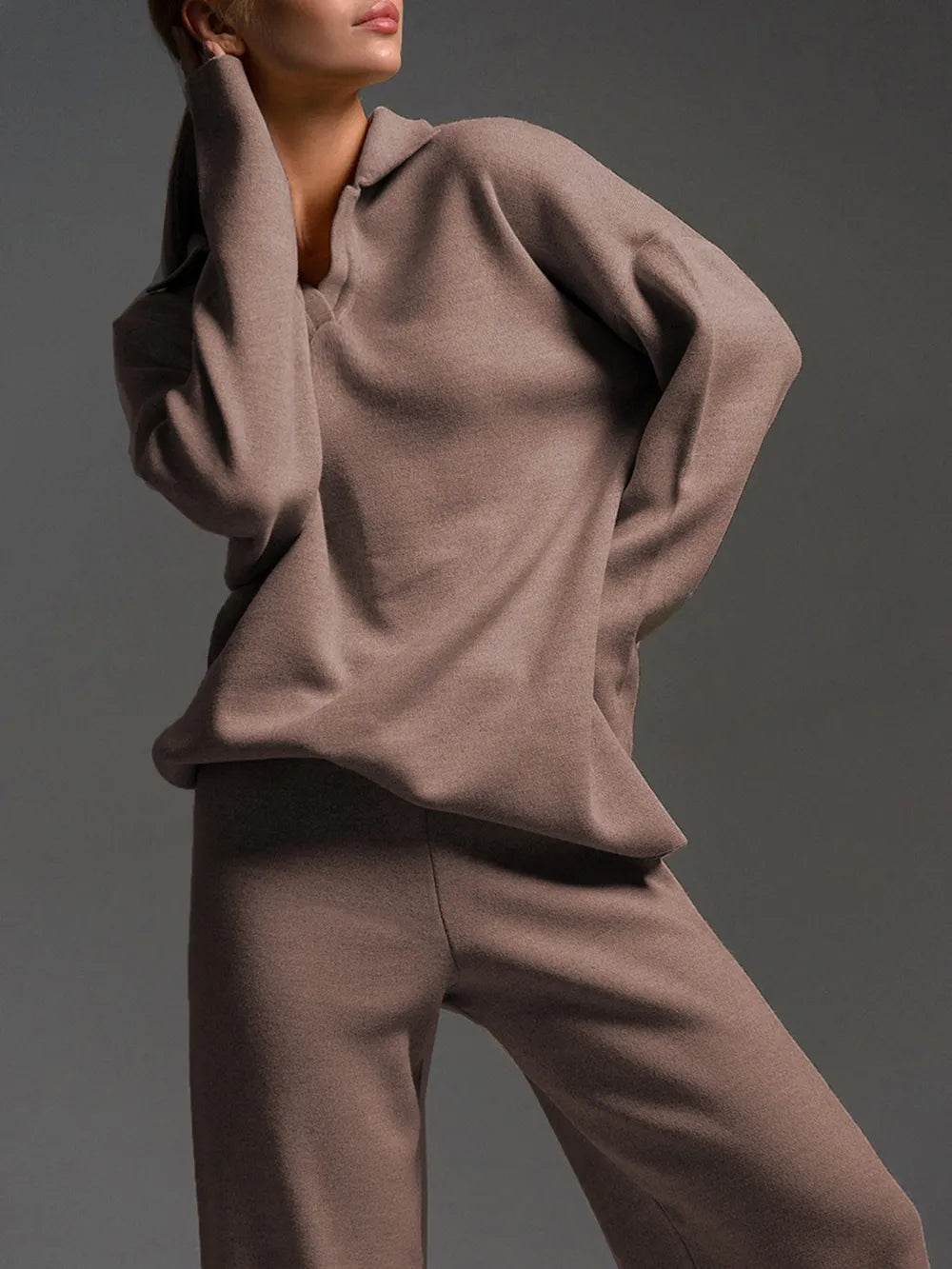 Johnny Collar Long Sleeve Top and Pants Sweater Set - EBYNN