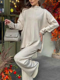 Slit Mock Neck Top and Pants Sweater Set - EBYNN