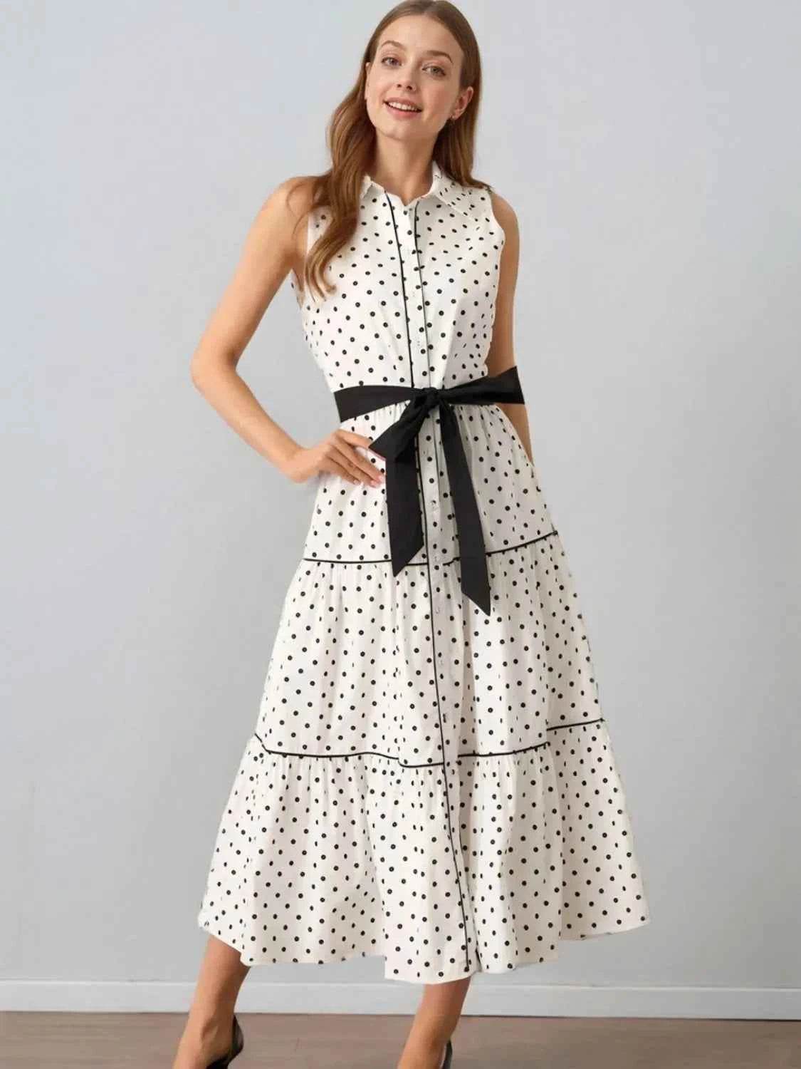 Polka Dot Sleeveless Midi Shirt Dress.