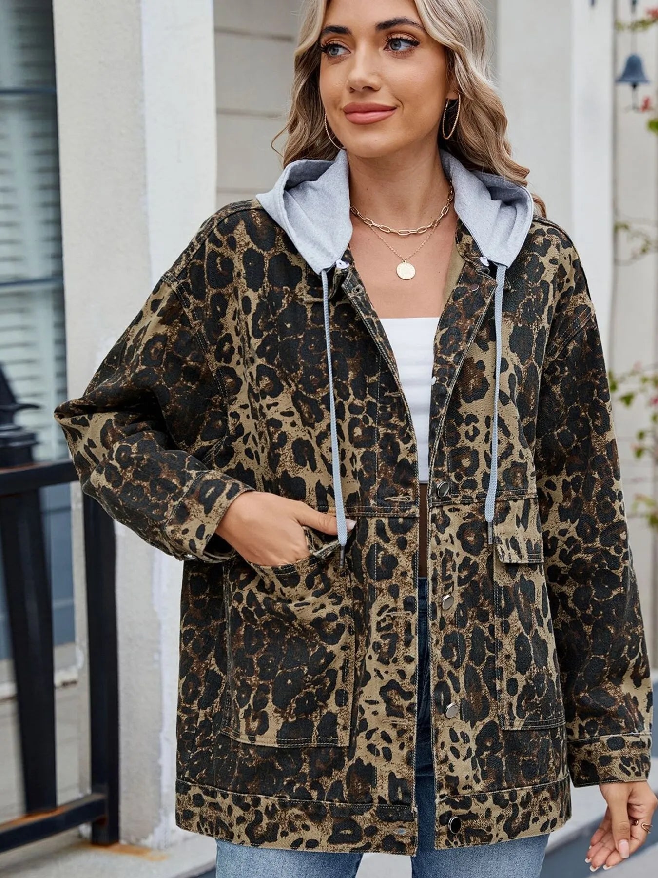Oversized Button Up Denim Jacket with Hood.