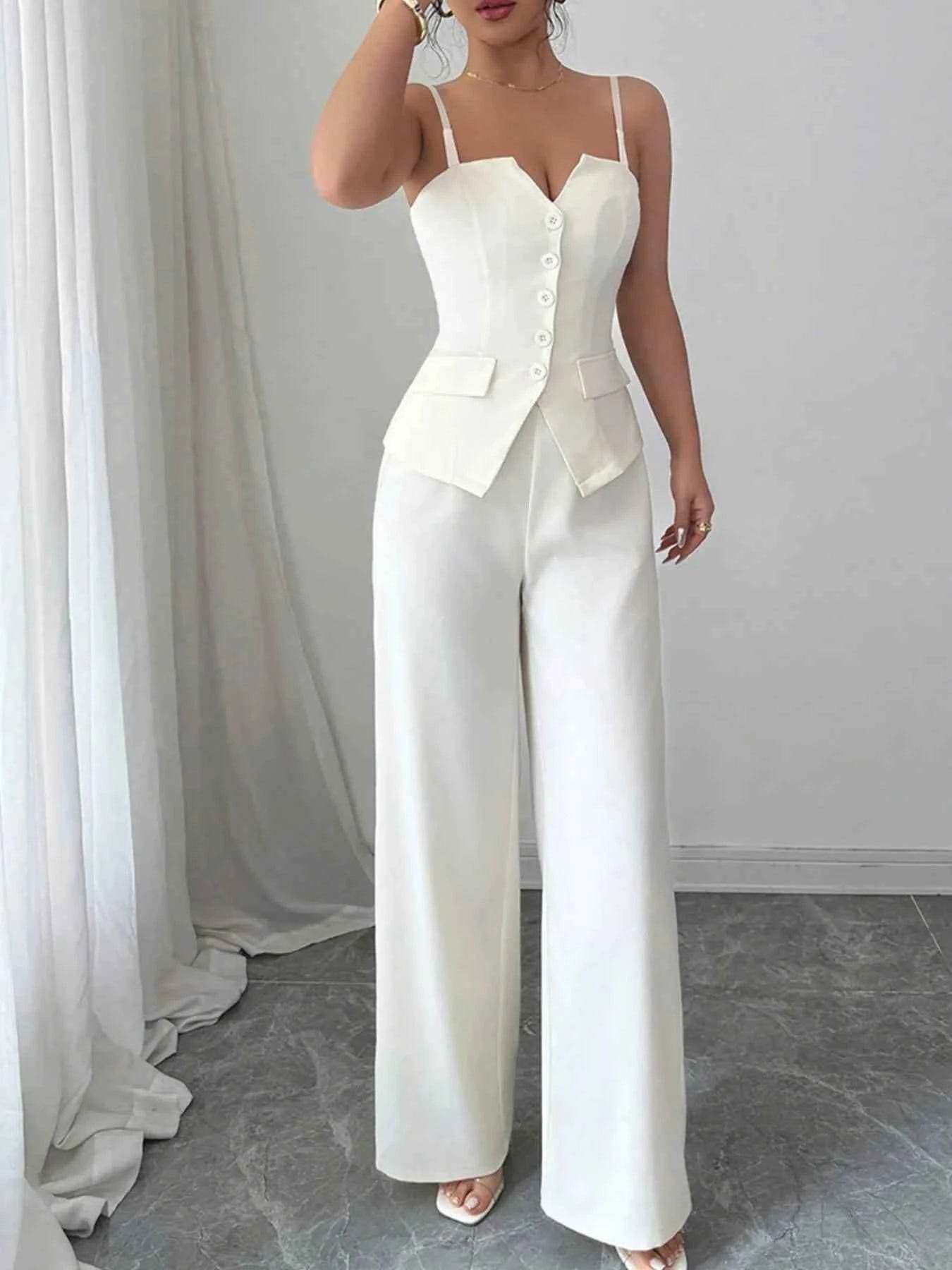 Button Front Cami Set and Pants for Stylish Comfort - EBYNN