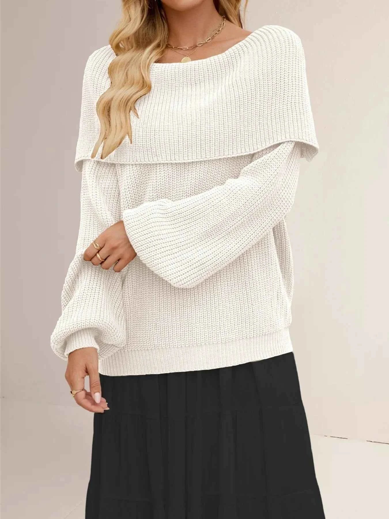 Fold-Over Collar Long Sleeve Sweater.