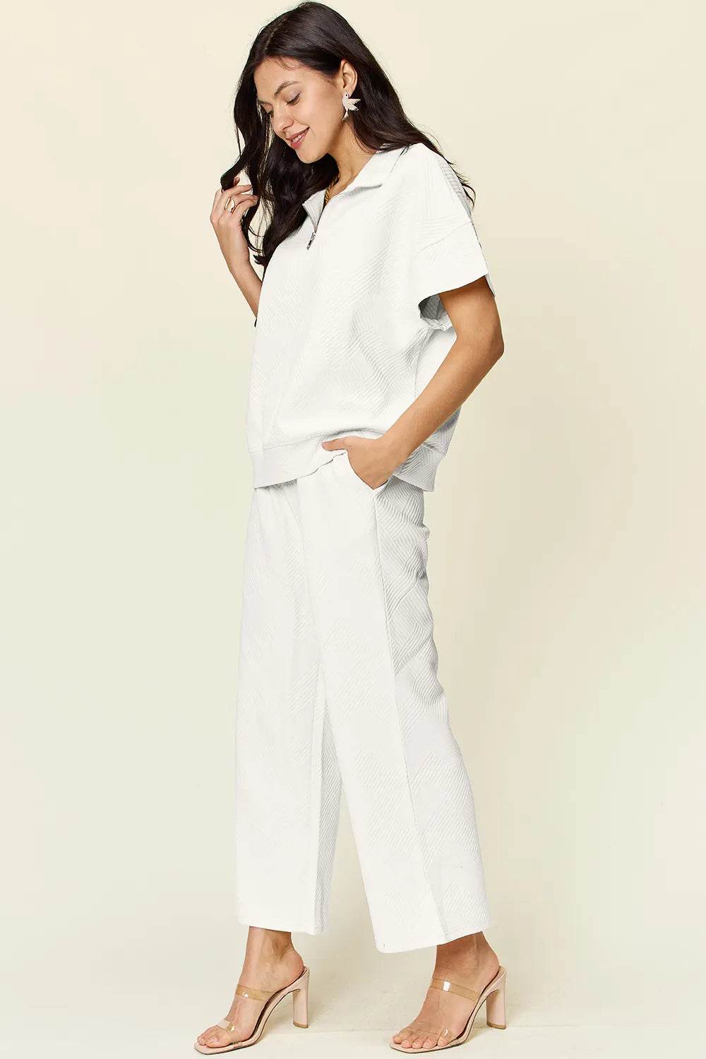 Double Take Texture Half Zip Set with Full Size Top and Pants - EBYNN