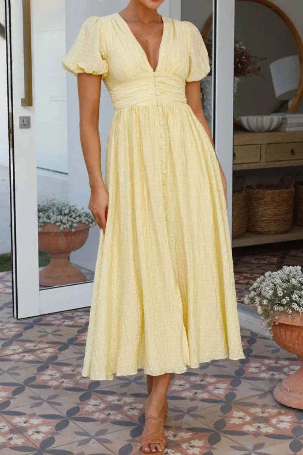 V-Neck Puff Short Sleeve Midi Dress.