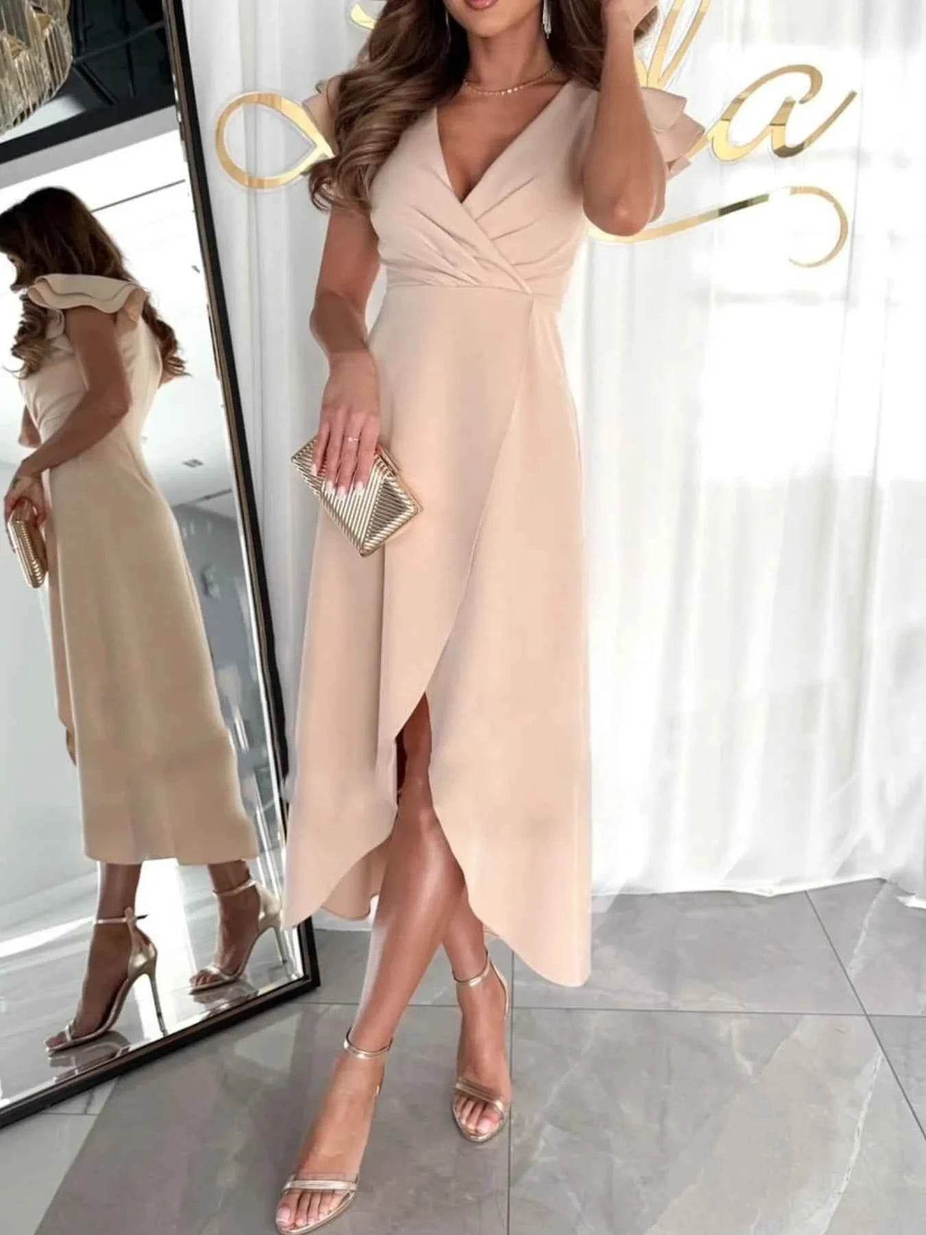 Surplice Ruffled Cap Sleeve Dress.