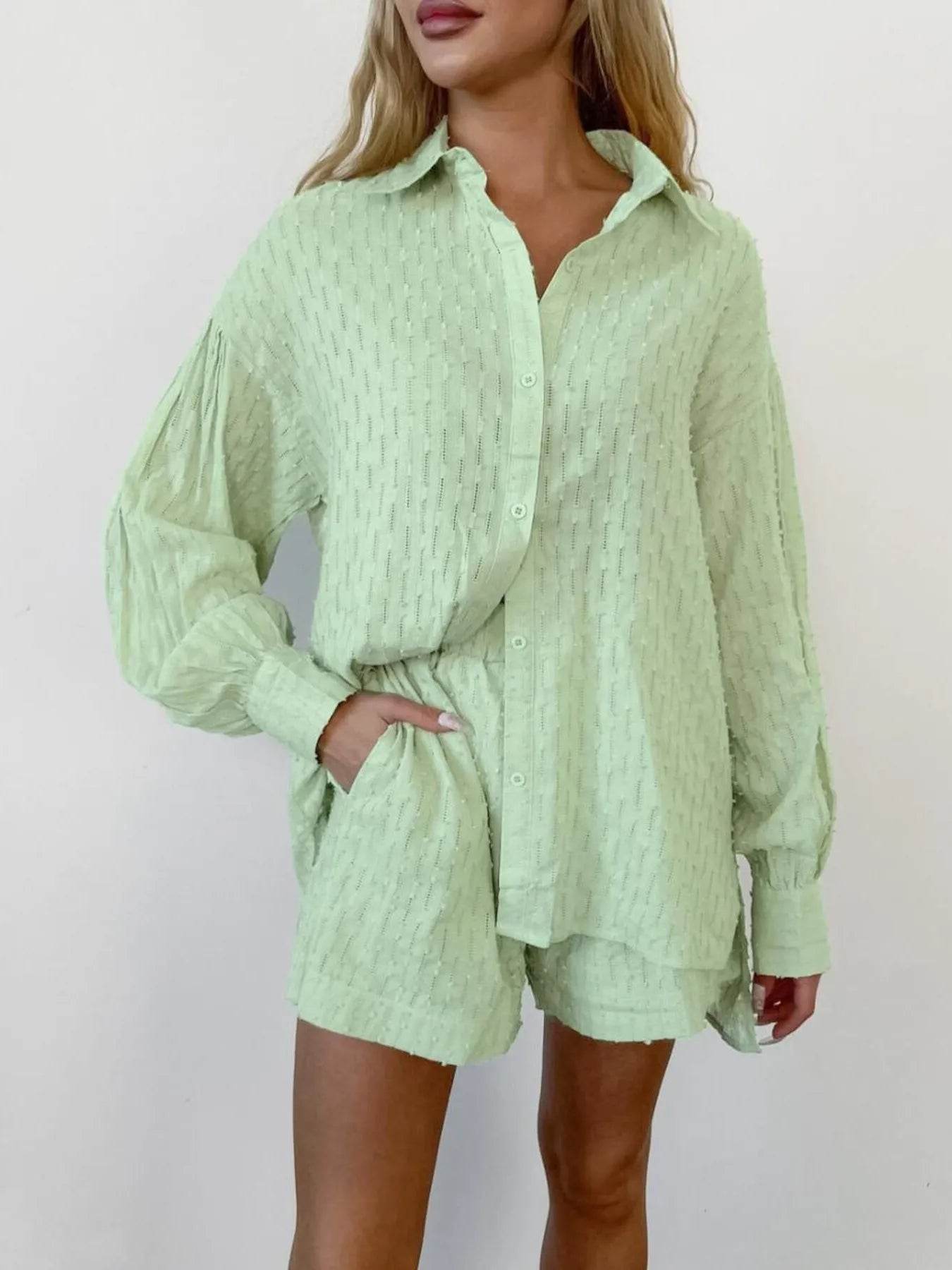 Textured Button-Up Shirt and Shorts Set - EBYNN
