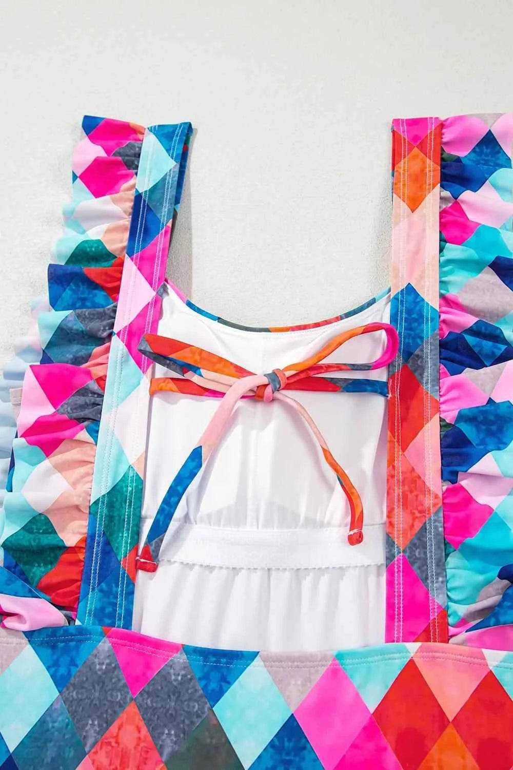 Multicolor Plaid Print Backless One-Piece Swimwear.