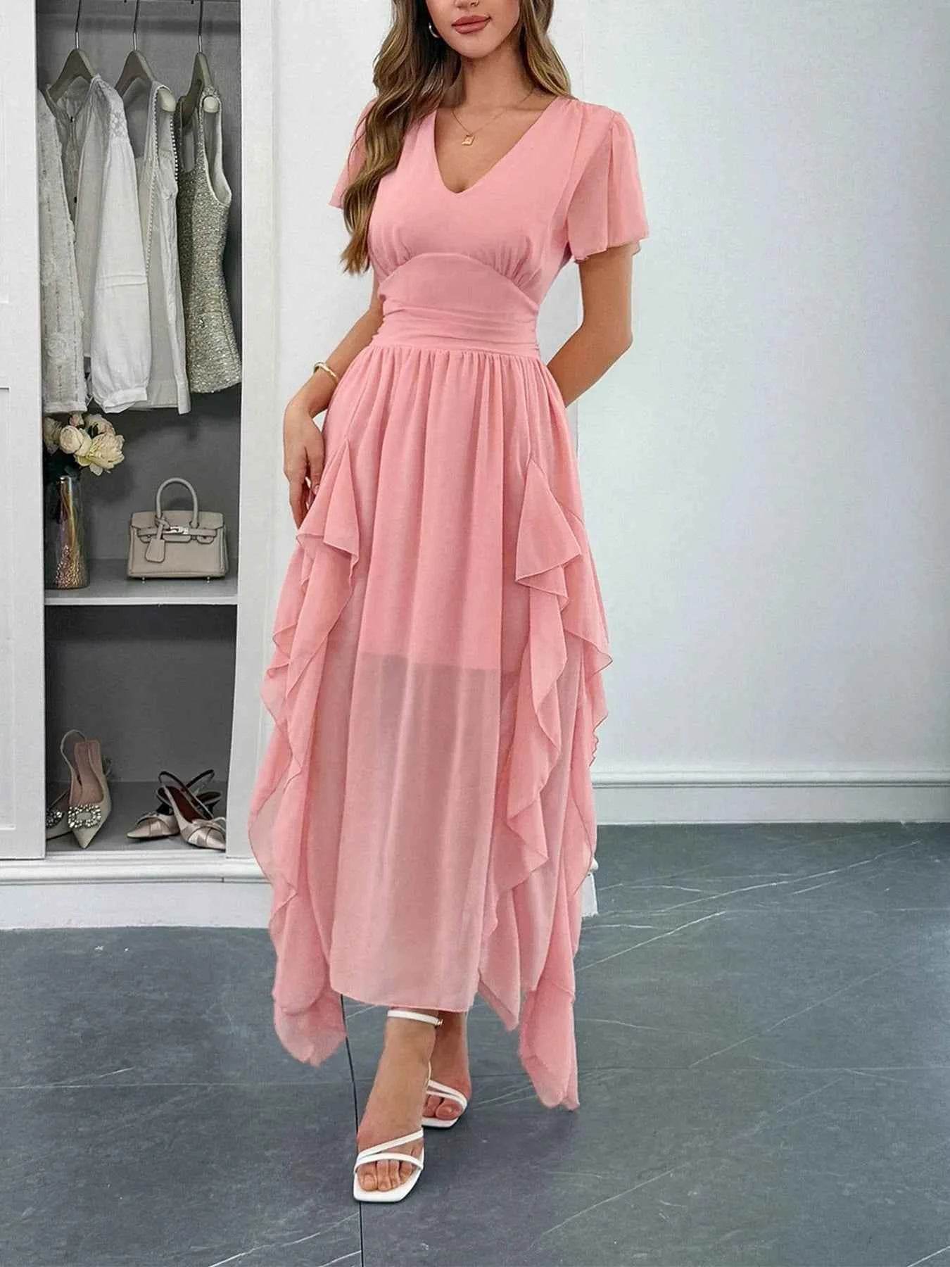 V-Neck Flutter Sleeve Dress.