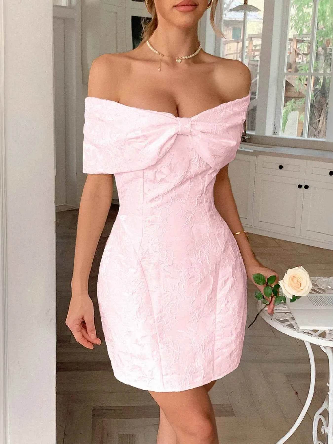 Bow Off-Shoulder Textured Mini Dress.