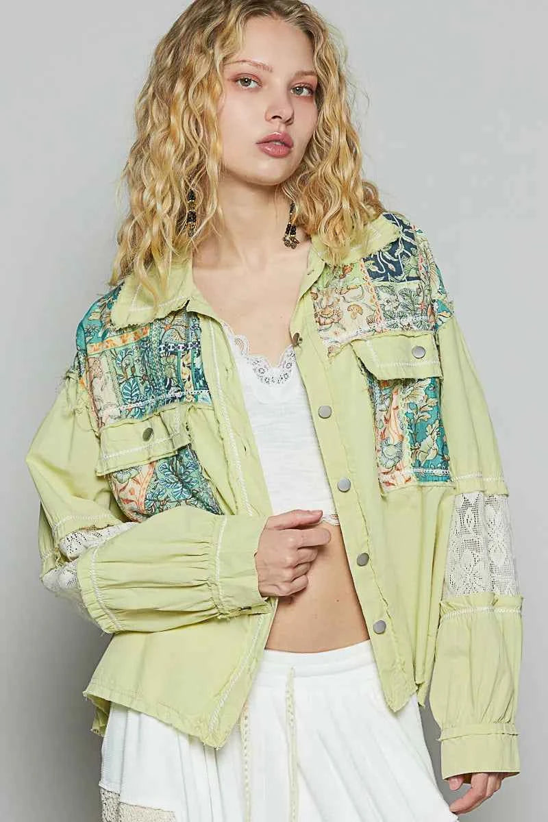 POL Printed Woven Mix Raw Hem Jacket with Lace Detail.
