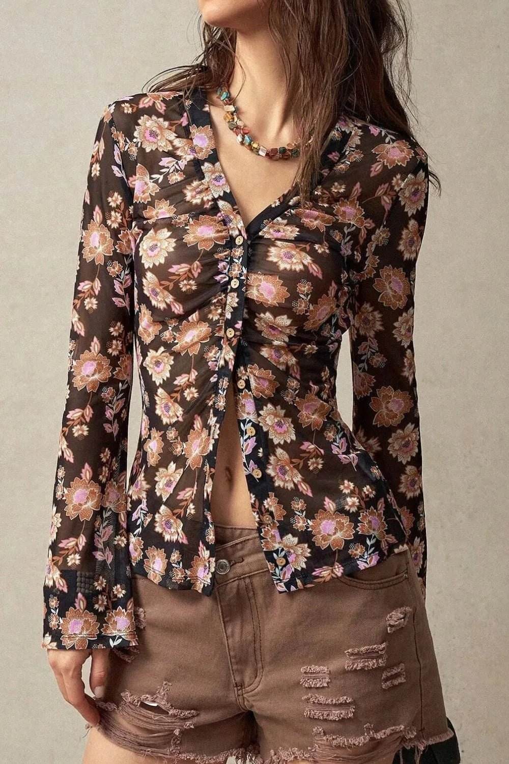 Floral Button-Up Shirt with Bell Sleeves - EBYNN