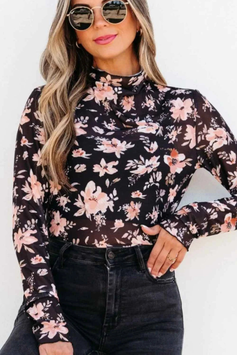Floral Mock Neck Long Sleeve Blouse.