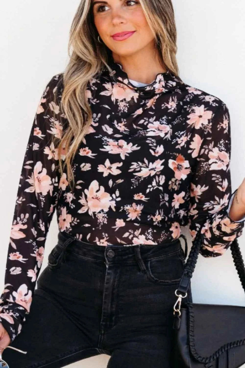 Floral Mock Neck Long Sleeve Blouse.