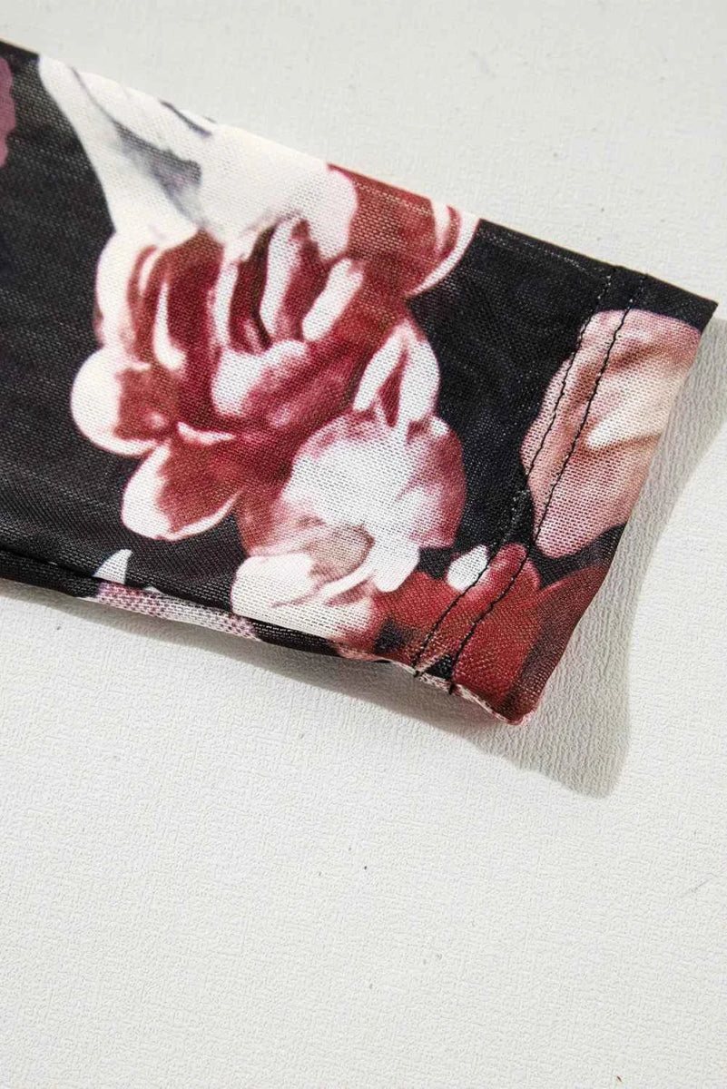 Floral Mock Neck Long Sleeve Mesh Top.