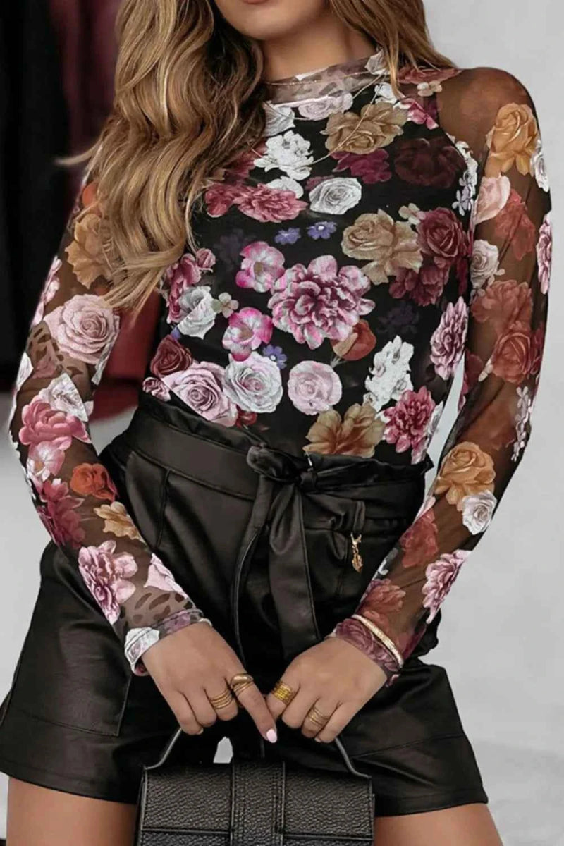 Floral Mock Neck Long Sleeve Mesh Top.