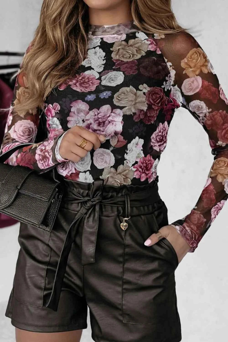 Floral Mock Neck Long Sleeve Mesh Top.