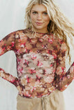 Floral Mock Neck Long Sleeve Sheer Top.