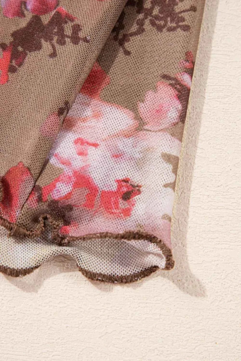 Floral Mock Neck Long Sleeve Sheer Top.