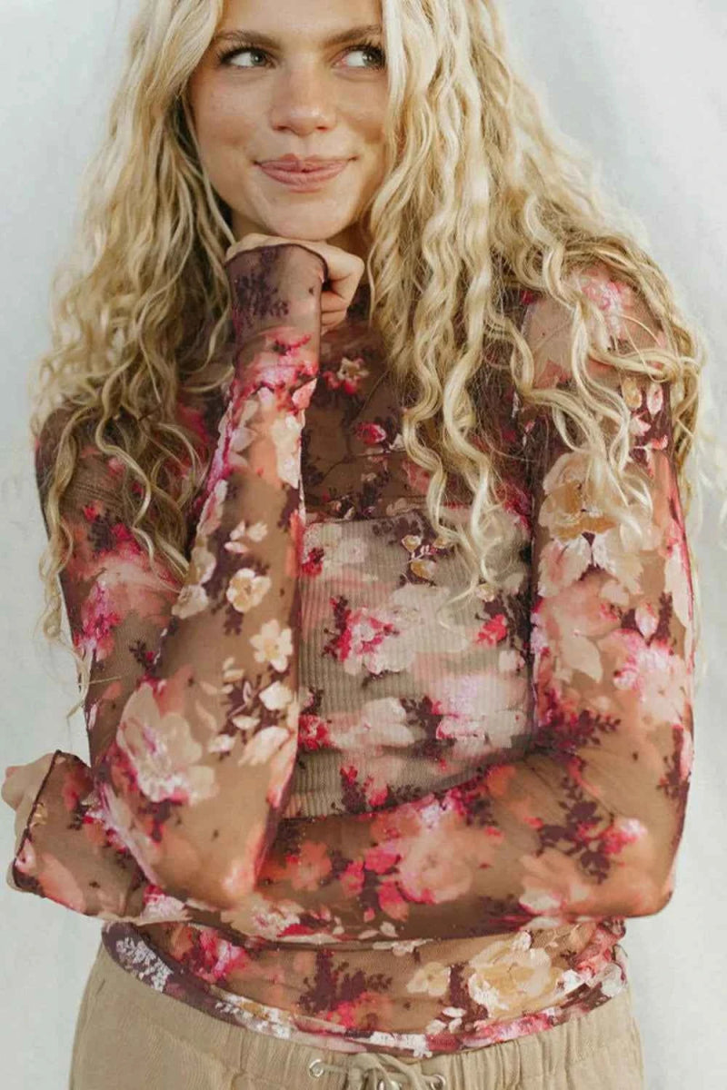 Floral Mock Neck Long Sleeve Sheer Top.