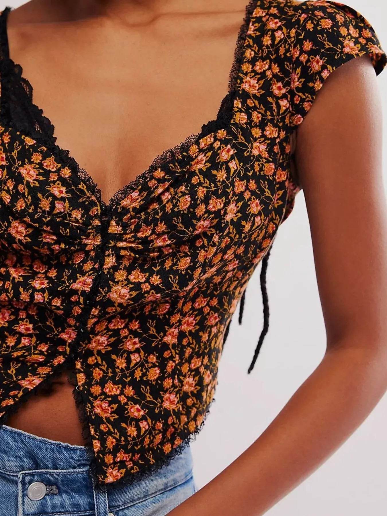 Floral Cropped Top with Cap Sleeves for Trendy Summer Style - EBYNN