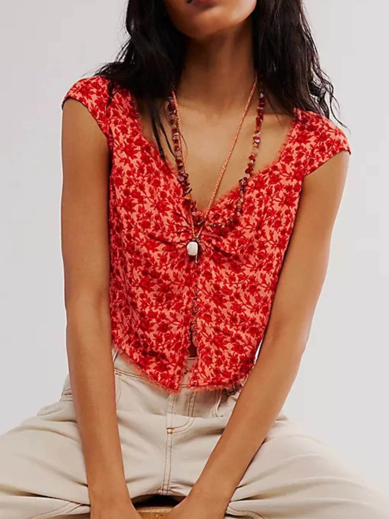 Floral Cropped Top with Cap Sleeves for Trendy Summer Style - EBYNN