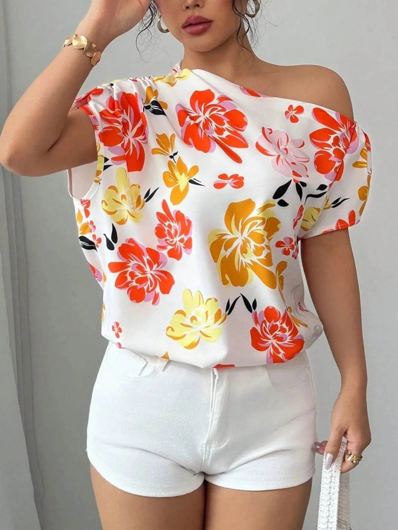 Floral One Shoulder Blouse - Stylish and Trendy Floral Print Top - EBYNN