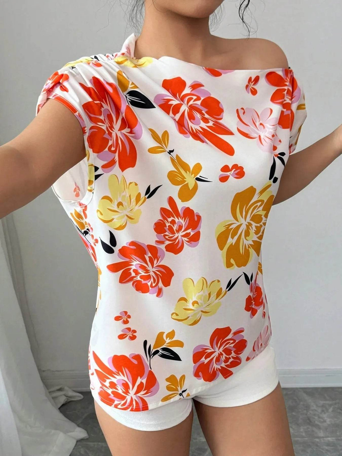 Floral One Shoulder Blouse - Stylish and Trendy Floral Print Top - EBYNN