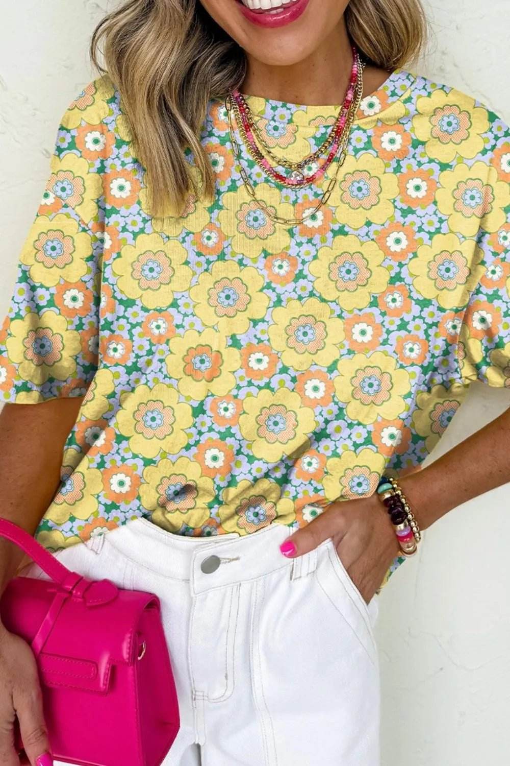 Floral Oversized T-Shirt in Round Neck Design - EBYNN