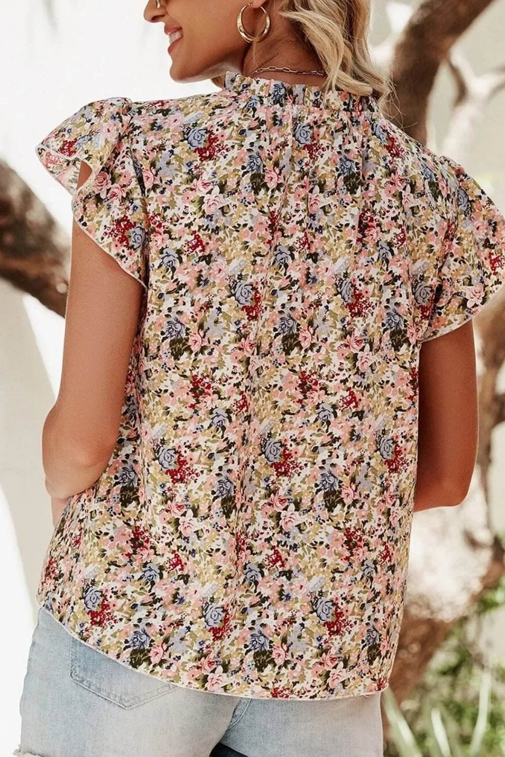 Floral Ruffle Cap Sleeve Blouse for Effortless Style - EBYNN