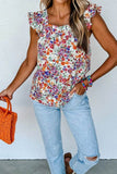 Floral Print Tank Top with Ruffled Square Neck Design - EBYNN