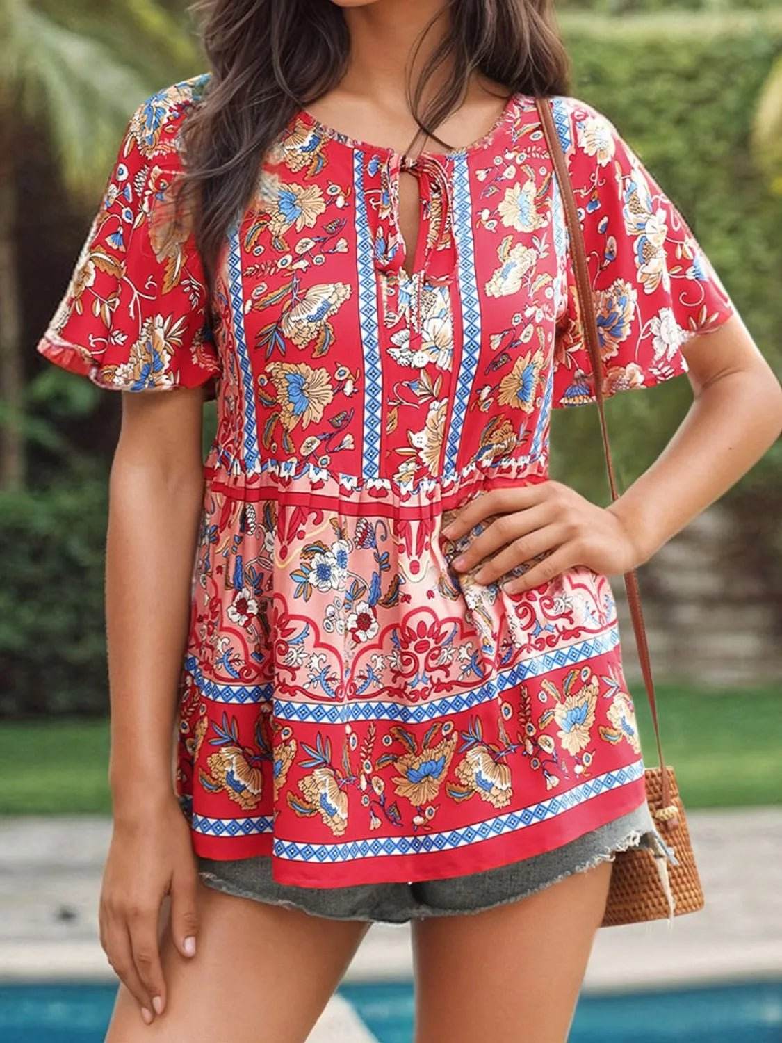 Floral Print Blouse with Tie Neck and Flutter Sleeves - EBYNN