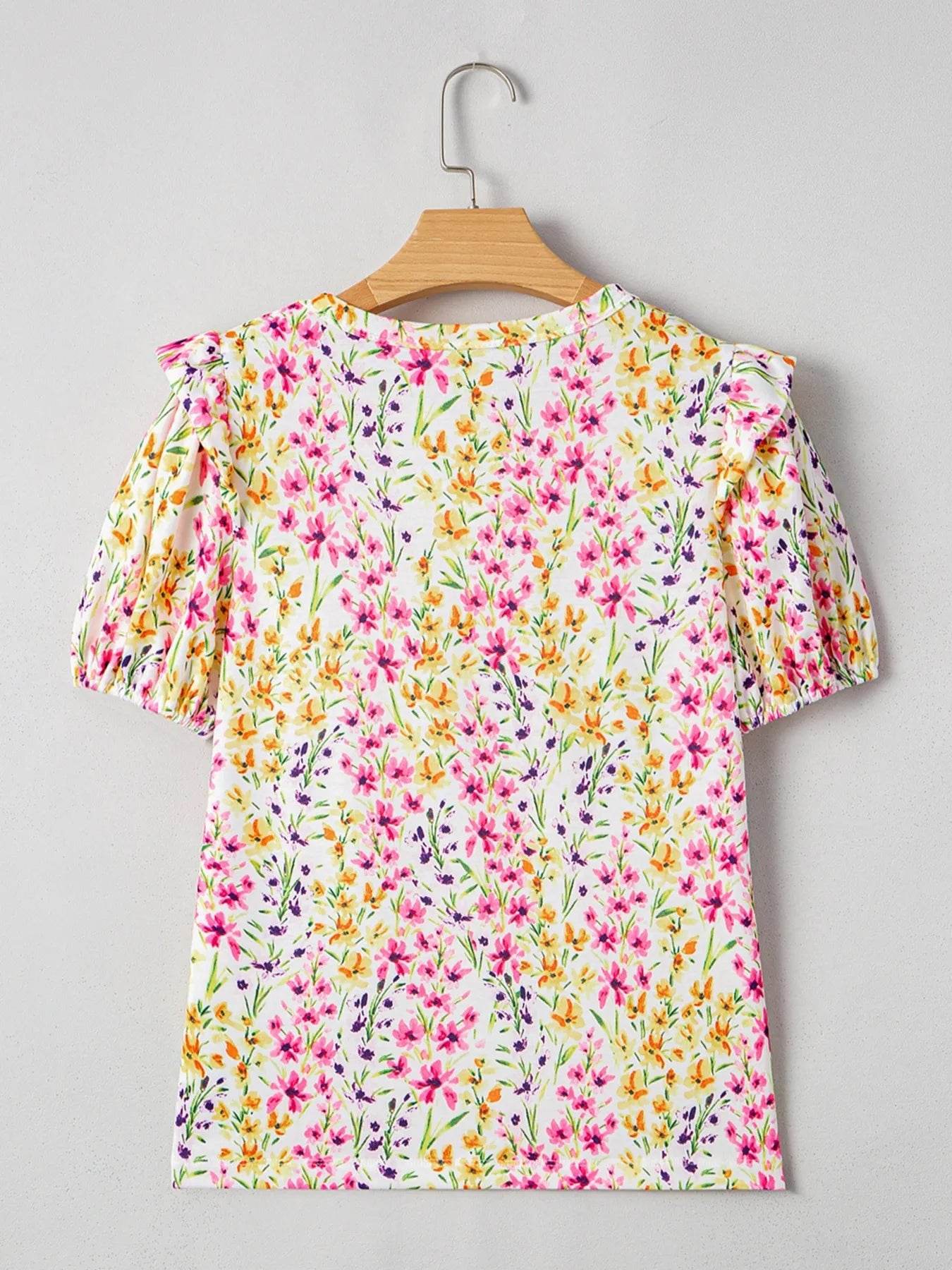 Floral Puff Sleeve Blouse - Stylish Crewneck Top for Effortless Elegance - EBYNN