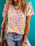 Floral Puff Sleeve Blouse - Stylish Crewneck Top for Effortless Elegance - EBYNN