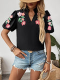Floral Puff Sleeve Blouse with Notched Design for a Chic Look - EBYNN