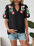 Floral Puff Sleeve Blouse with Notched Design for a Chic Look - EBYNN