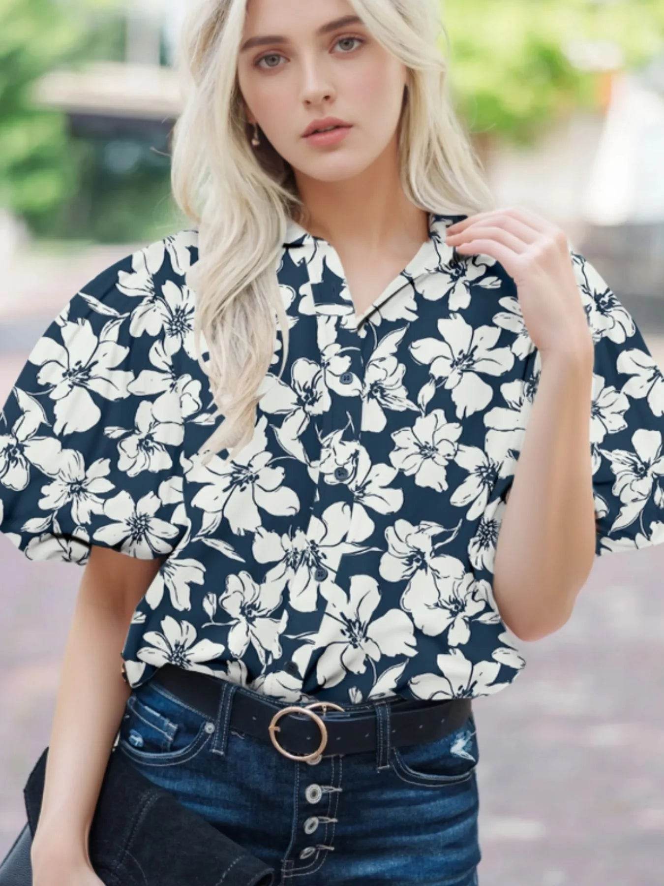 Floral Puff Sleeve Shirt - Stylish Button-Up Top for Effortless Chic - EBYNN