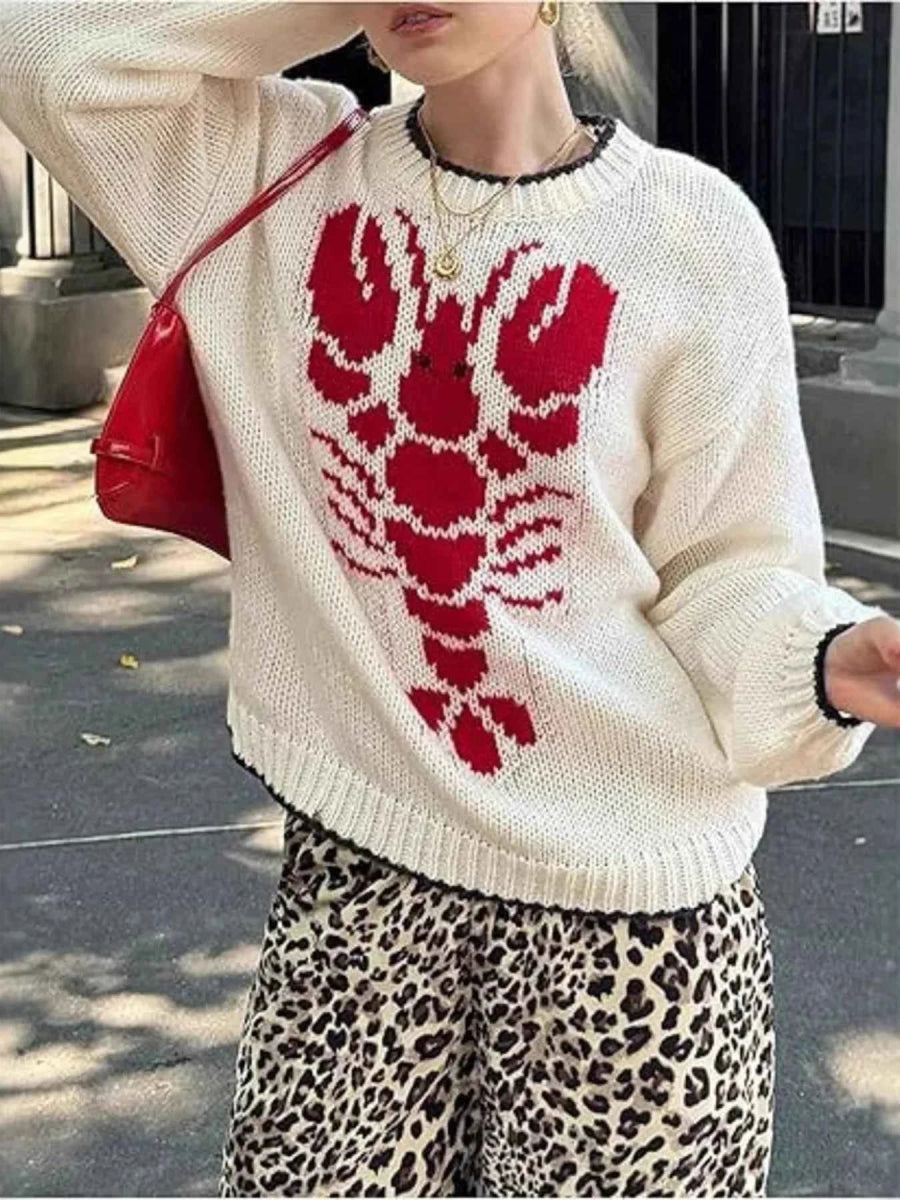 Plus Size Lobster Contrast Trim Round Neck Sweater.