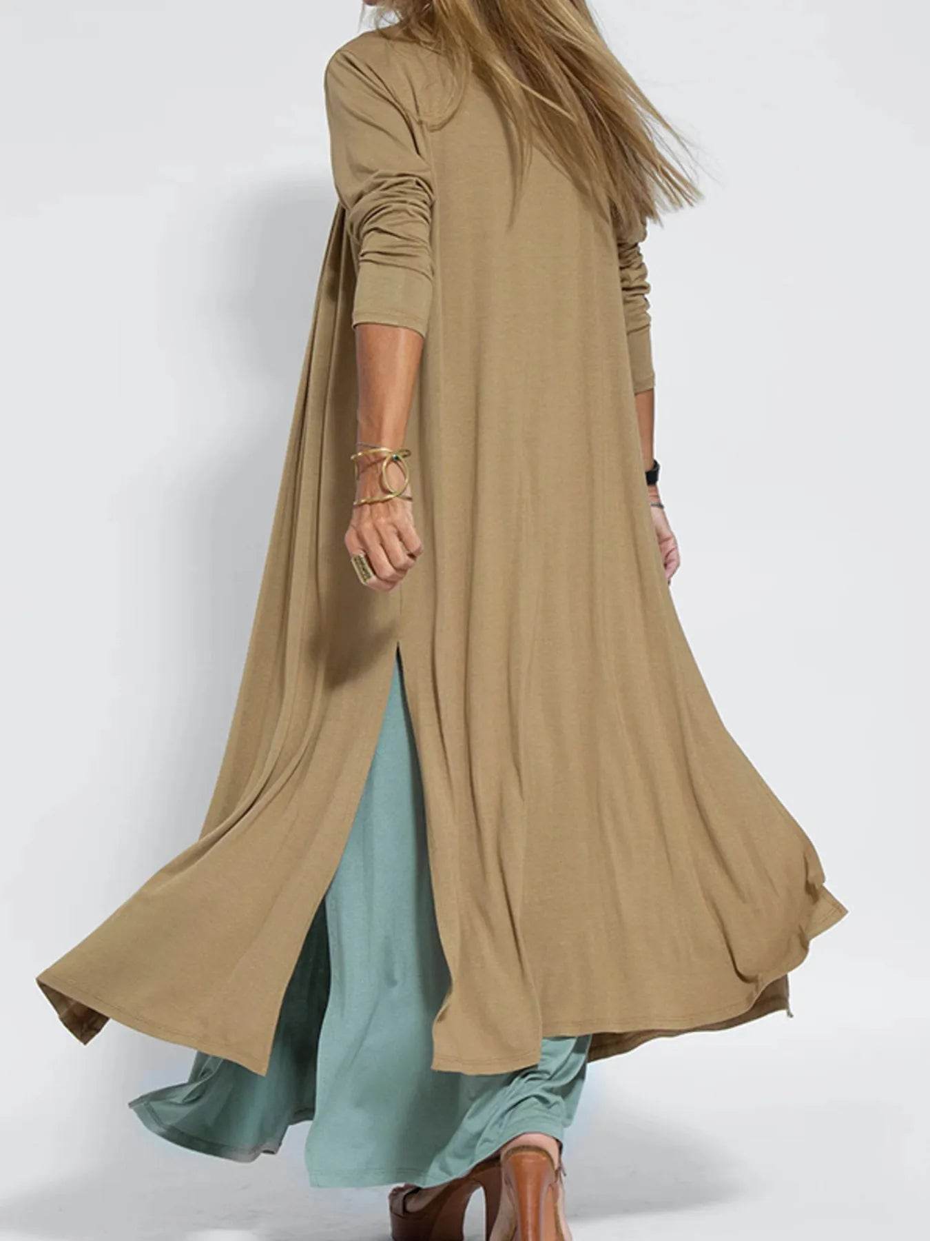 Plus Size Longline Cardigan with Open Front and Side Slit - EBYNN
