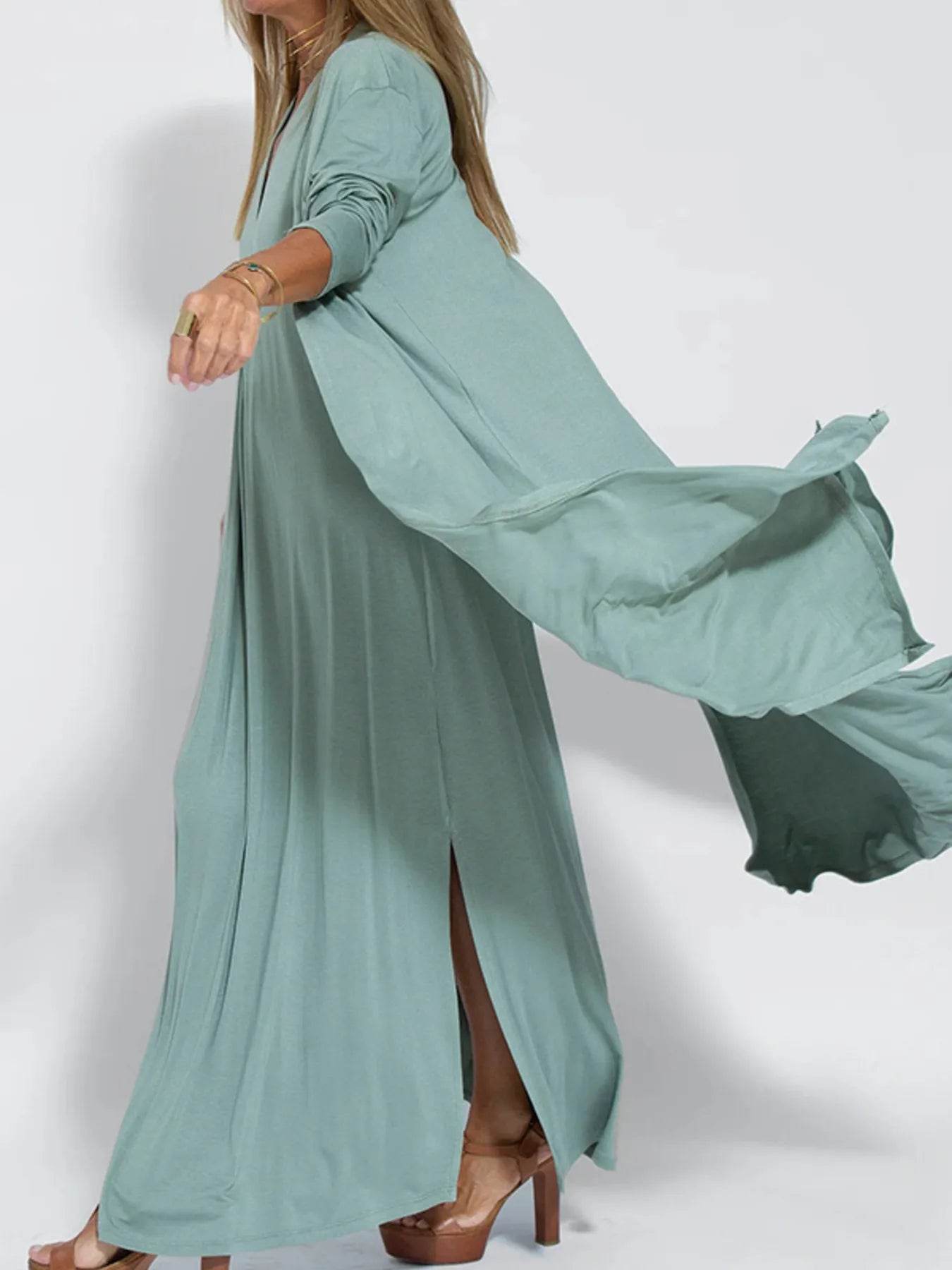 Plus Size Longline Cardigan with Open Front and Side Slit - EBYNN