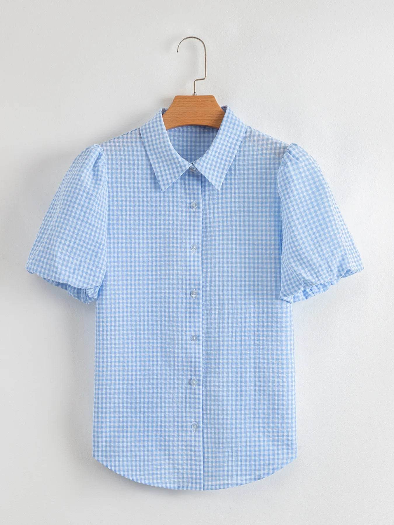 Gingham Puff Sleeve Shirt - Stylish Button-Up for Effortless Chic - EBYNN