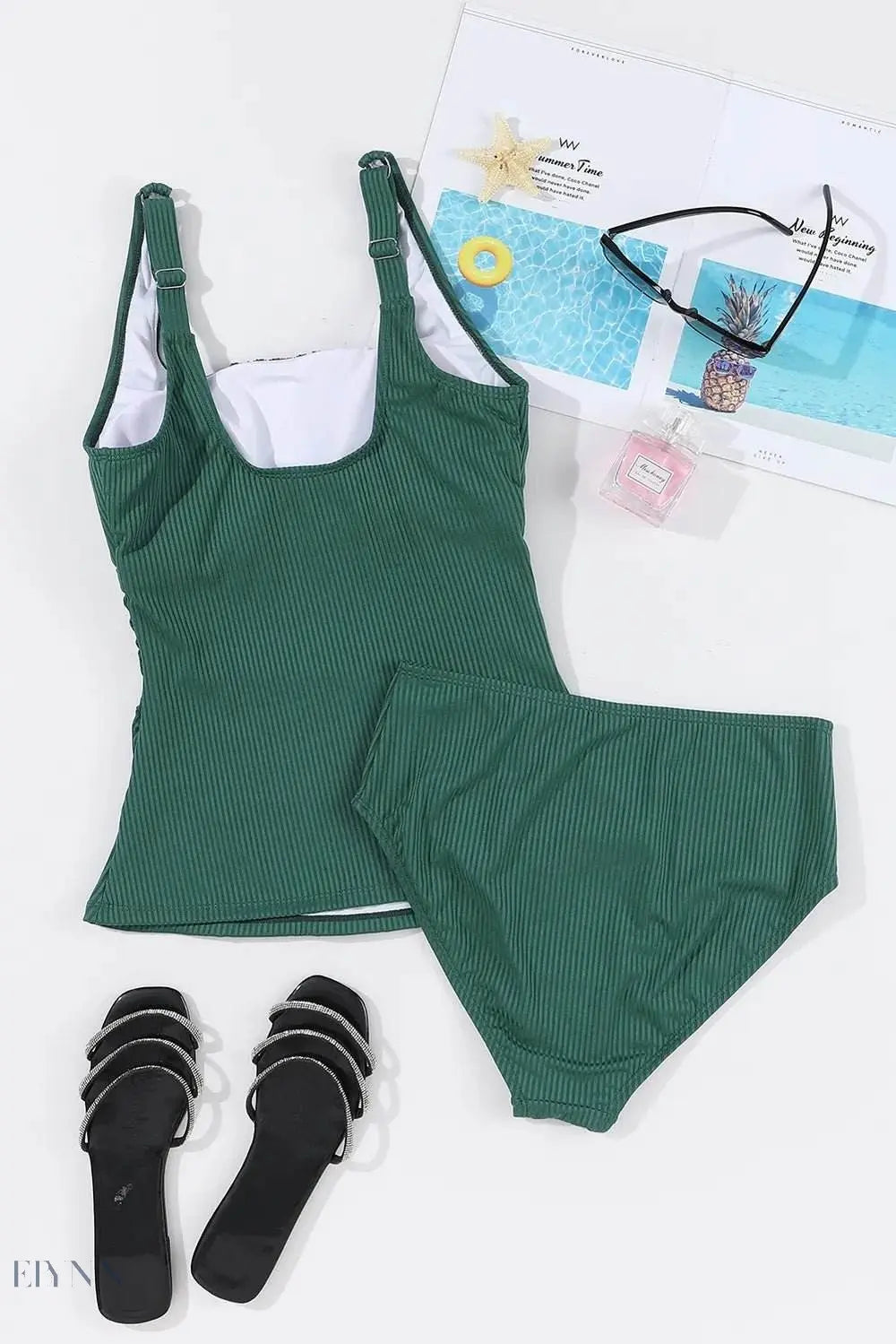 Square Neck Tankini Set - Ribbed Green Two-Piece - EBYNN