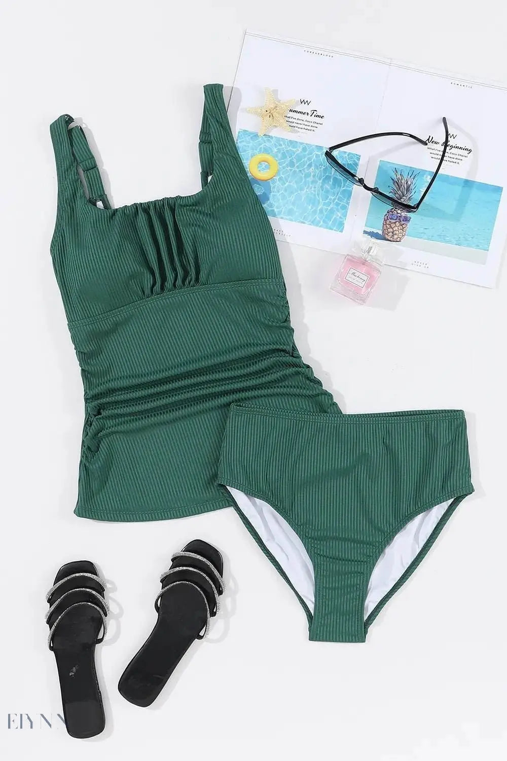 Square Neck Tankini Set - Ribbed Green Two-Piece - EBYNN