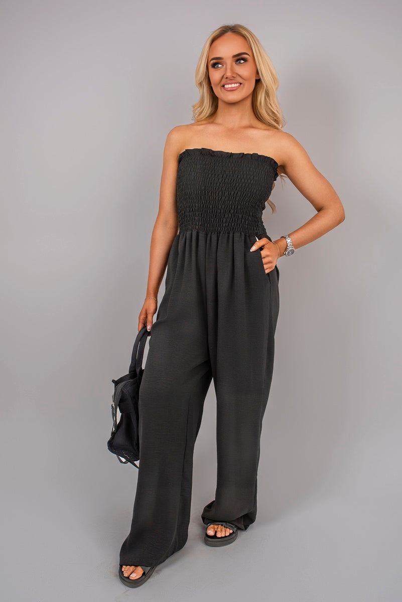 Strapless Shirred Bandeau Wide Leg Jumpsuit.
