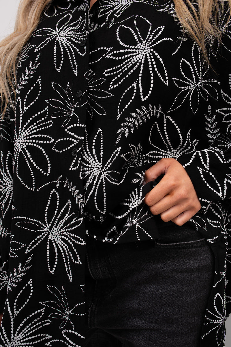 Erin Floral Print Oversized Long Sleeve Button Down Top.