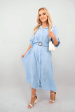 Belted Button Down Roll Tab Sleeve Midi Dress.
