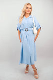 Belted Button Down Roll Tab Sleeve Midi Dress.