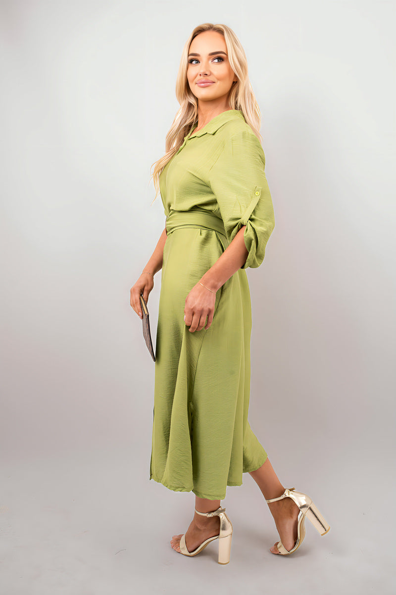 Belted Button Down Roll Tab Sleeve Midi Dress.