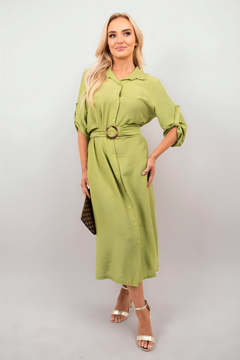 Belted Button Down Roll Tab Sleeve Midi Dress.