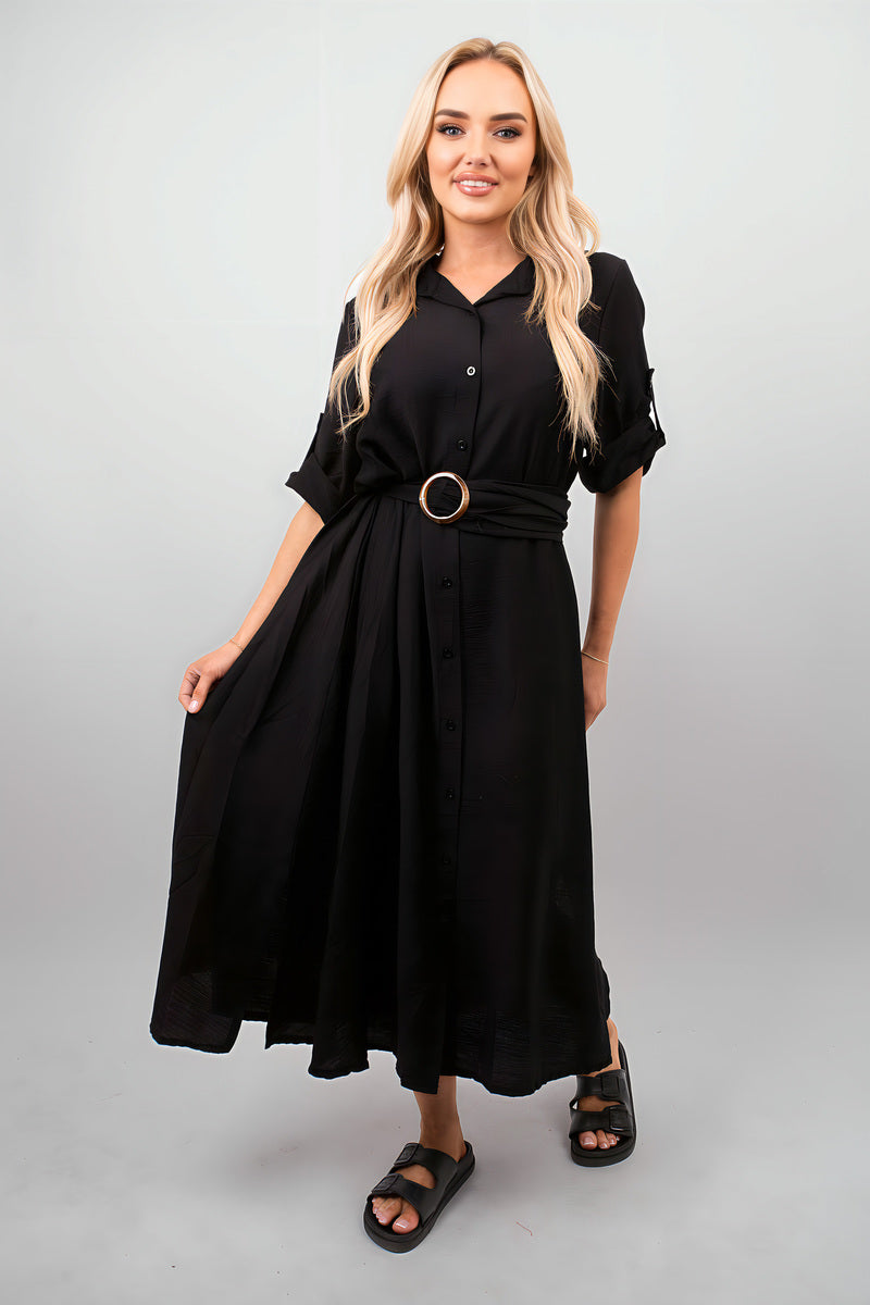 Belted Button Down Roll Tab Sleeve Midi Dress.