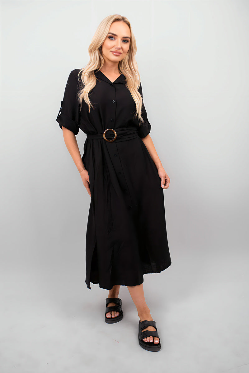 Belted Button Down Roll Tab Sleeve Midi Dress.